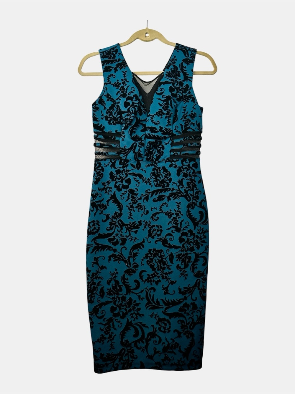 Sleeveless Teal and Black Floral Sheath Dress